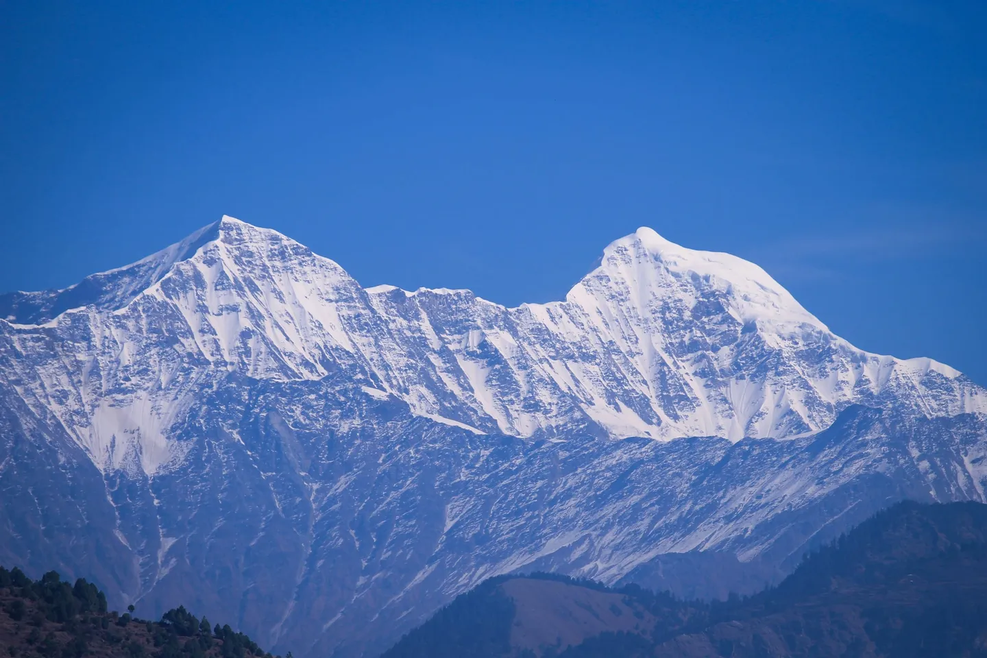 Two sharp, snow-covered summits joined by a serrated ridge against a deep blue sky, photographed in November 2014 from the village of Naugaon in Uttarkashi district. The photographer titles the file Yamunotri peak and Commons files it under Bandarpunch, so treat the name as unconfirmed; it was not taken on the trek route.